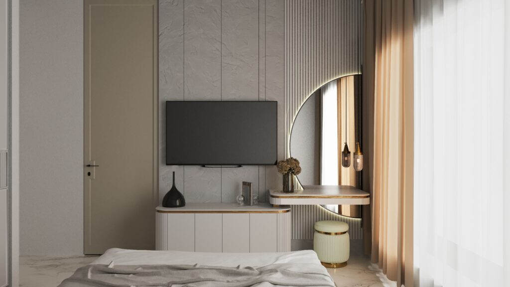 Elegant modern bedroom interior with minimalist design elements, TV, and unique decor.